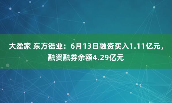 大盈家 东方锆业：6月13日融资买入1.11亿元，融资融券余额4.29亿元
